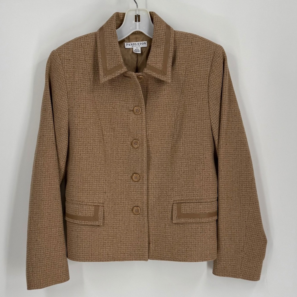 Pendleton Petite Tan Wool Silk Leather Trim Blazer‎ Jacket Brown Size 8 RN 29685